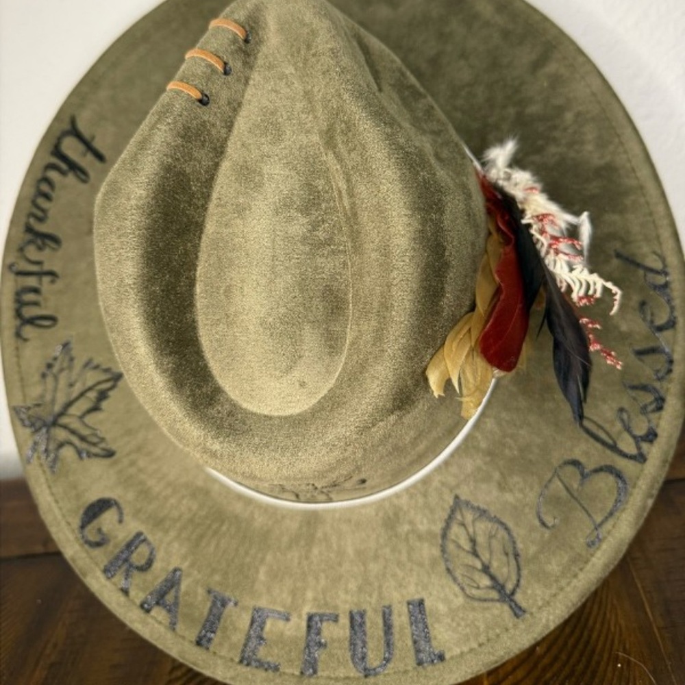 Olive Green Felt Hat with Embroidered Words